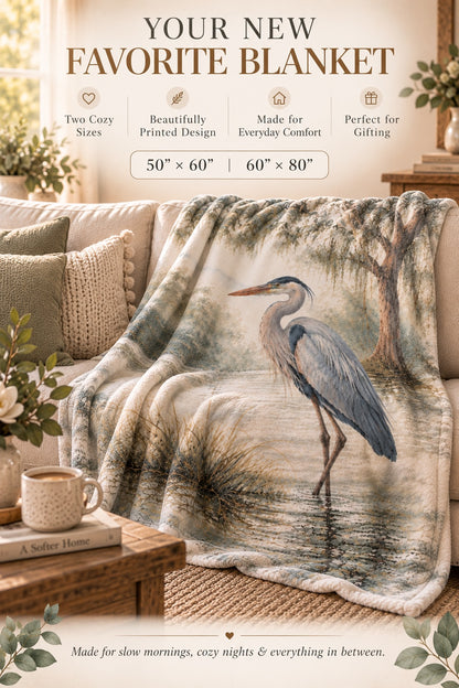 Heron Sherpa Blanket — Coastal Watercolor Fleece Throw