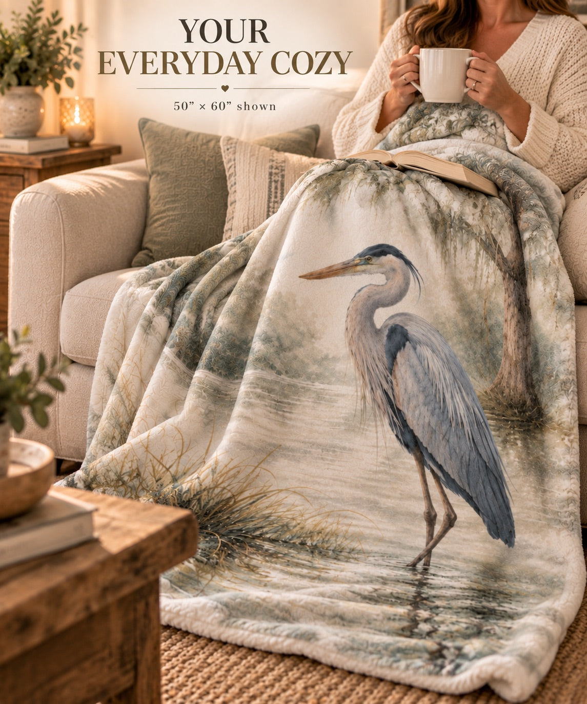 Heron Sherpa Blanket — Coastal Watercolor Fleece Throw