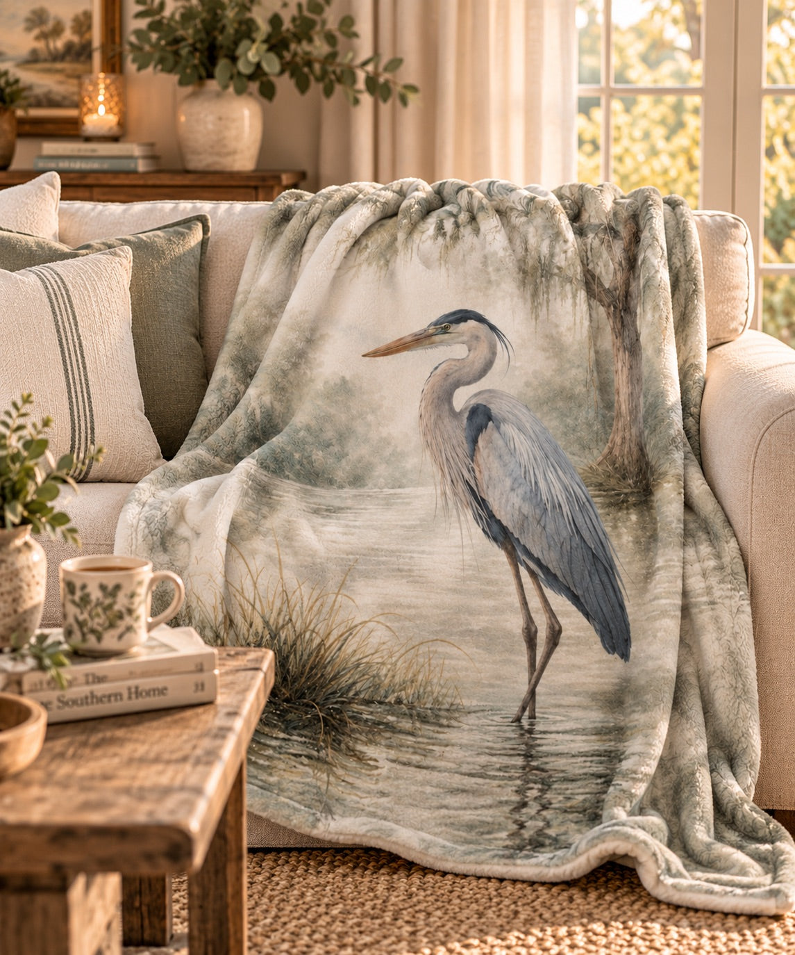 Heron Sherpa Blanket — Coastal Watercolor Fleece Throw