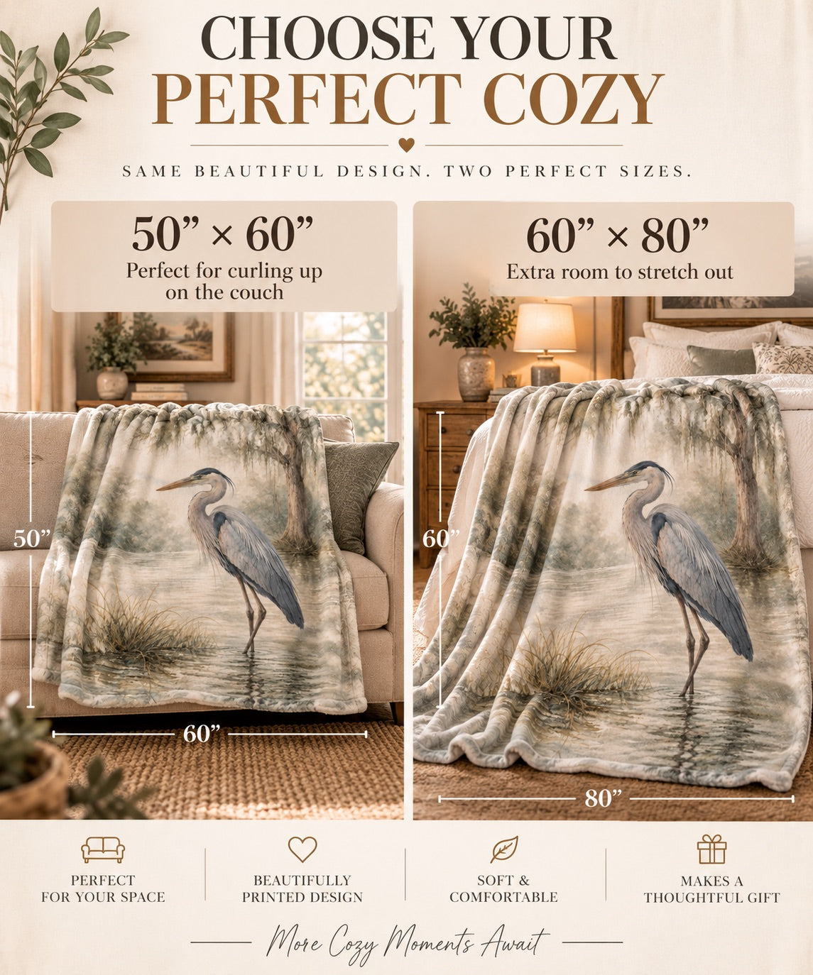 Heron Sherpa Blanket — Coastal Watercolor Fleece Throw