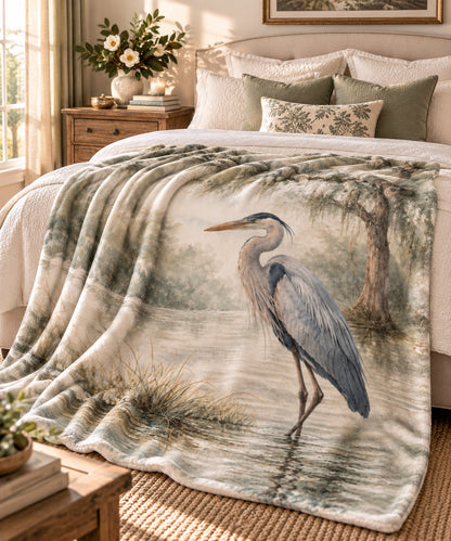 Heron Sherpa Blanket — Coastal Watercolor Fleece Throw