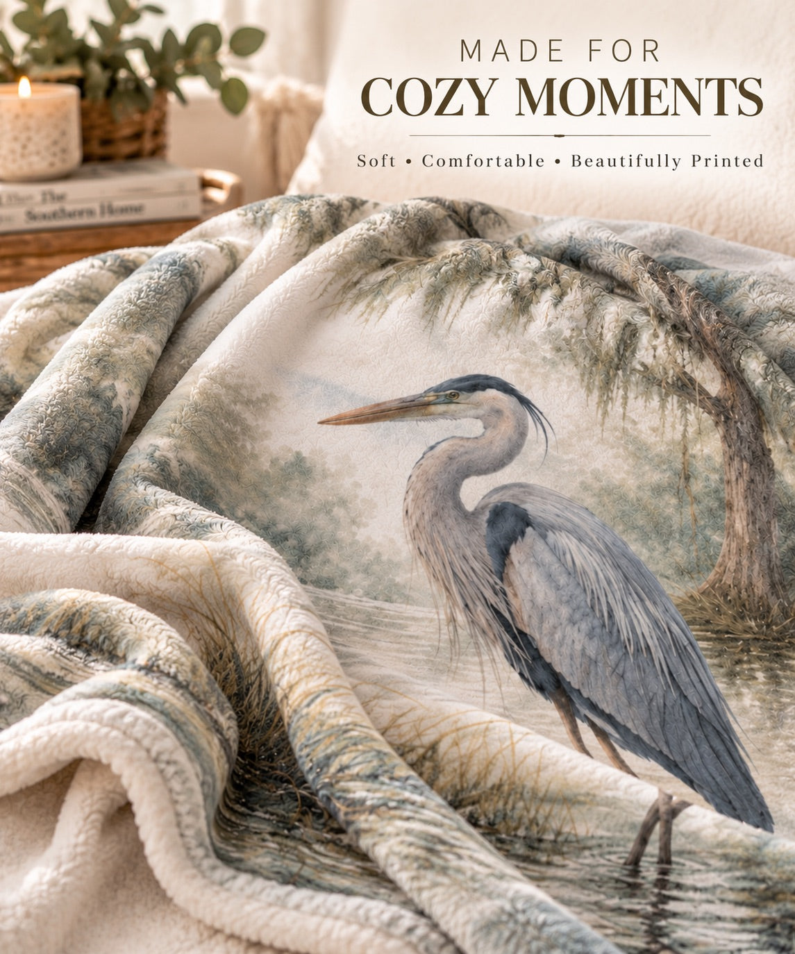 Heron Sherpa Blanket — Coastal Watercolor Fleece Throw