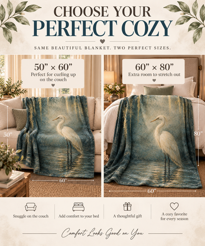 Egret Serenity Sherpa Blanket — Soft Fleece Bird Art Throw for Living Room &amp; Gifts
