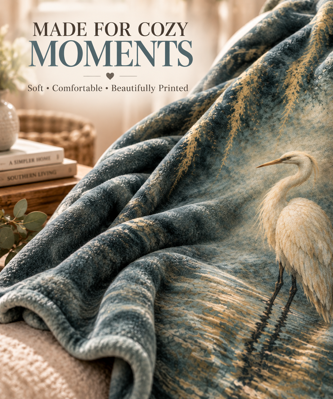 Egret Serenity Sherpa Blanket — Soft Fleece Bird Art Throw for Living Room &amp; Gifts