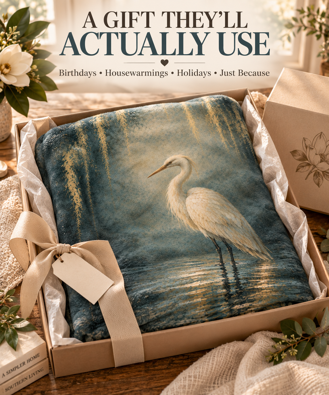 Egret Serenity Sherpa Blanket — Soft Fleece Bird Art Throw for Living Room &amp; Gifts
