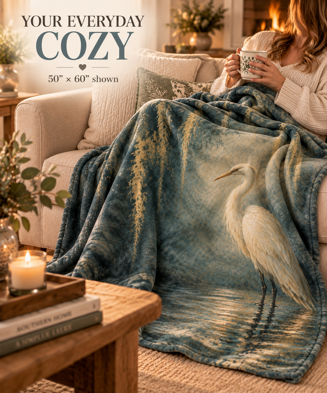 Egret Serenity Sherpa Blanket — Soft Fleece Bird Art Throw for Living Room &amp; Gifts
