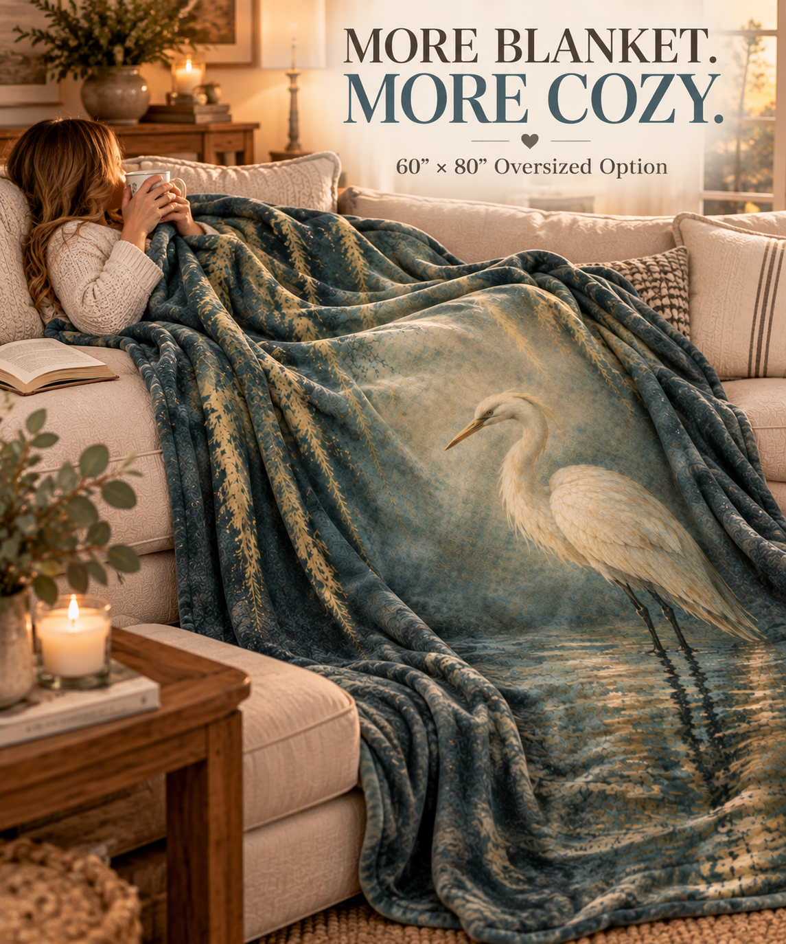 Egret Serenity Sherpa Blanket — Soft Fleece Bird Art Throw for Living Room &amp; Gifts