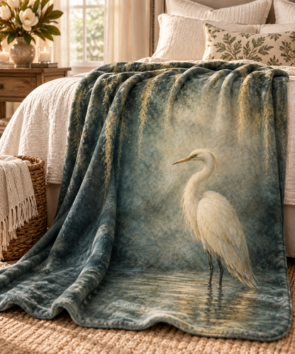 Egret Serenity Sherpa Blanket — Soft Fleece Bird Art Throw for Living Room &amp; Gifts