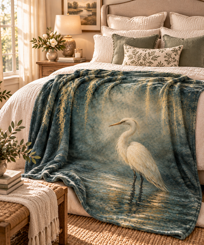 Egret Serenity Sherpa Blanket — Soft Fleece Bird Art Throw for Living Room &amp; Gifts