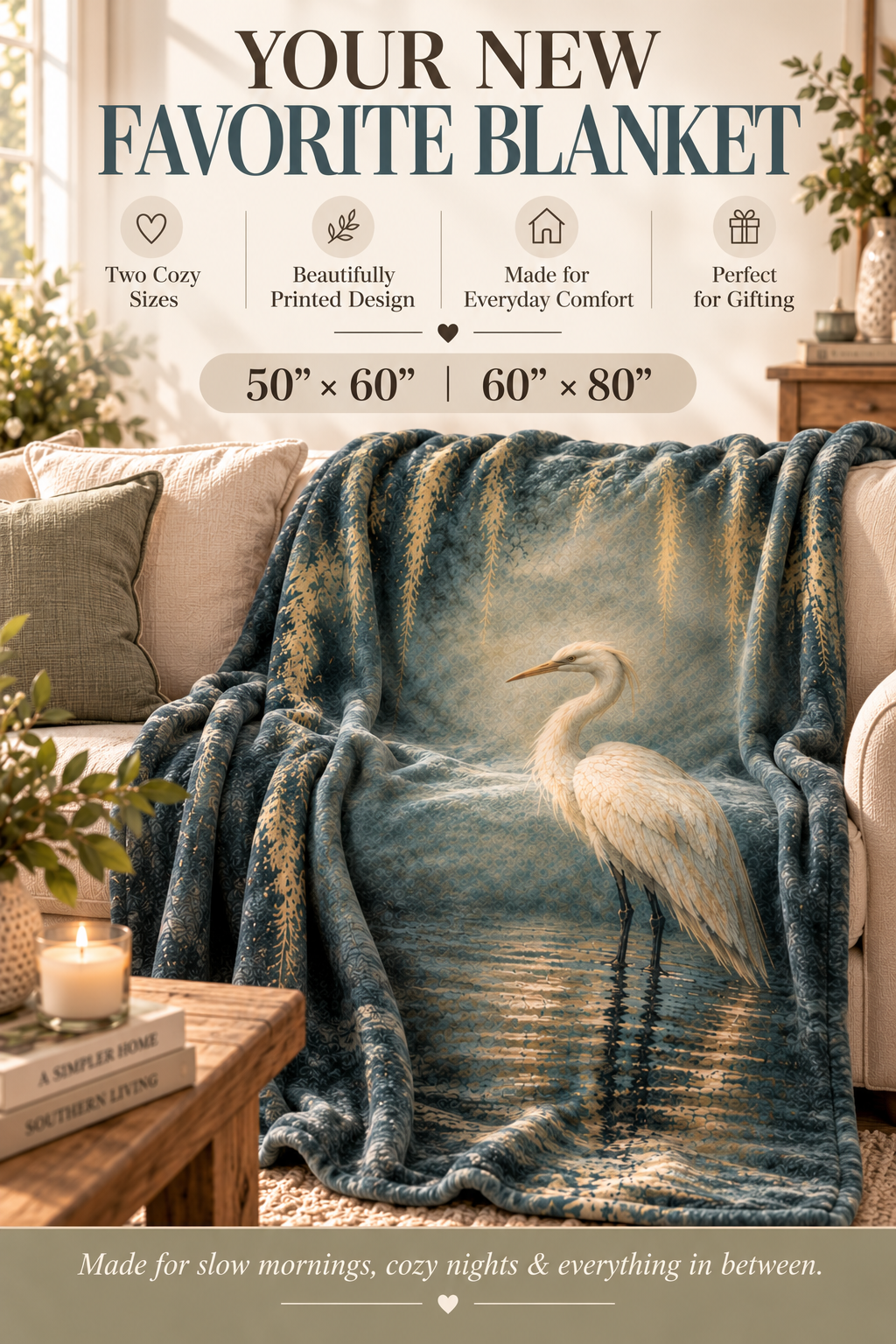 Egret Serenity Sherpa Blanket — Soft Fleece Bird Art Throw for Living Room &amp; Gifts