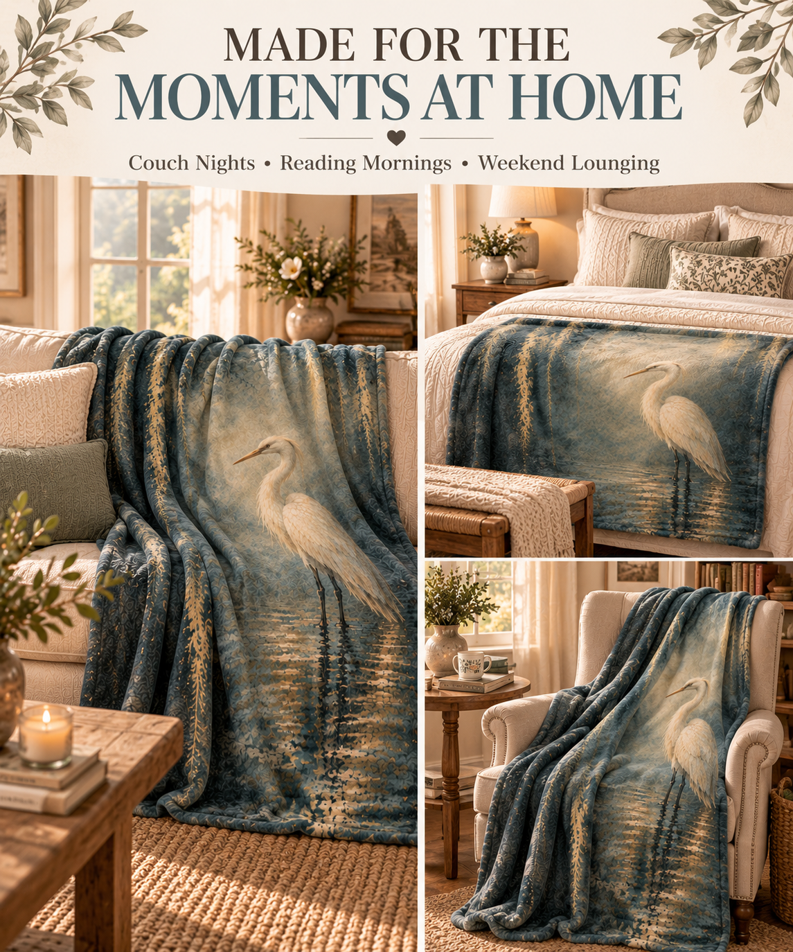 Egret Serenity Sherpa Blanket — Soft Fleece Bird Art Throw for Living Room &amp; Gifts