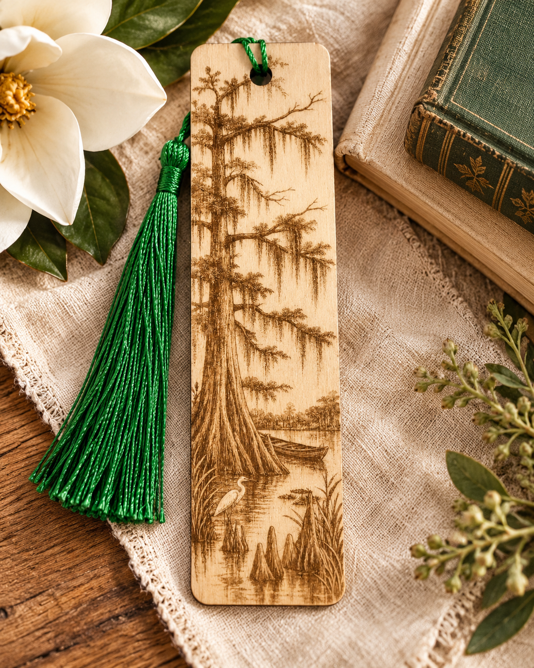 Bayou Morning Engraved Wooden Bookmark | Cypress &amp; Egret Design