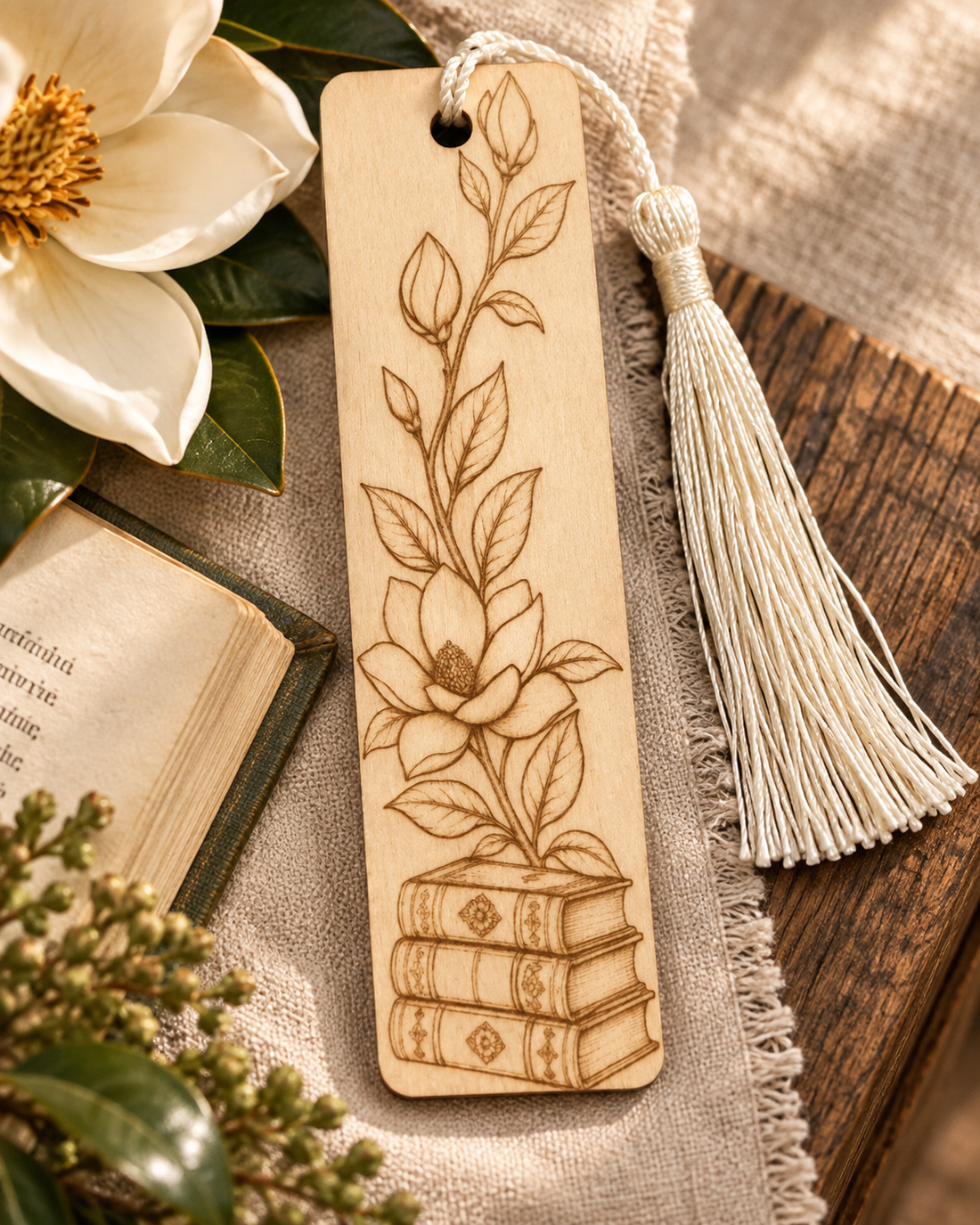 Magnolia &amp; Books Engraved Wooden Bookmark | Southern Reader Gift