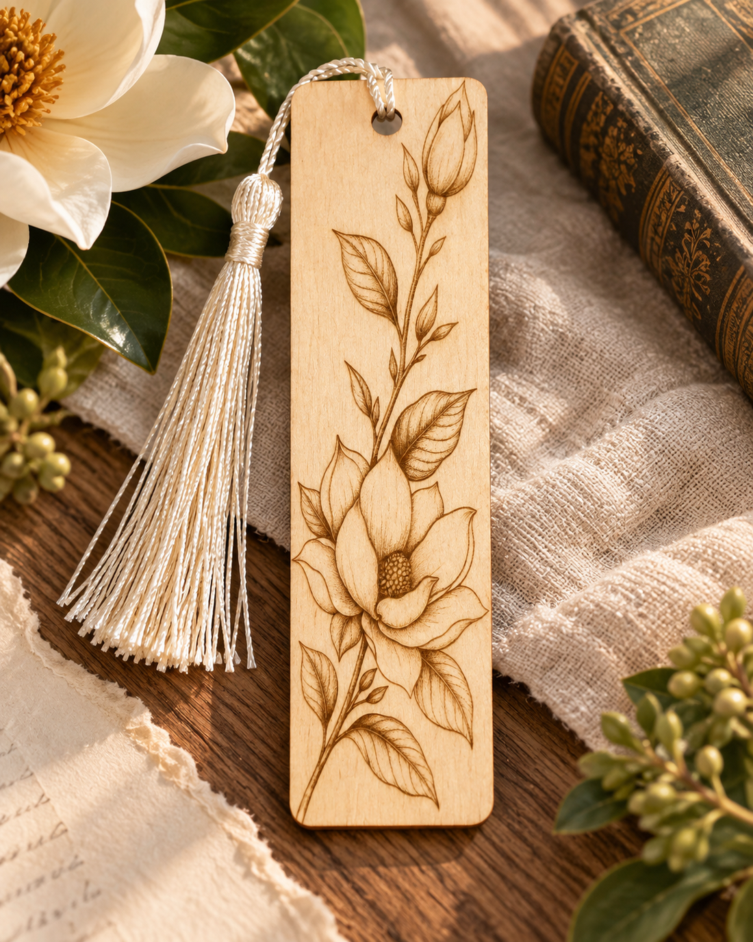 Magnolia in Bloom Engraved Wooden Bookmark | Southern Floral Gift