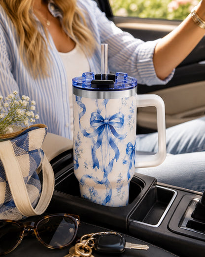 Blue Watercolor Bow Tumbler – 40 oz Insulated Travel Cup