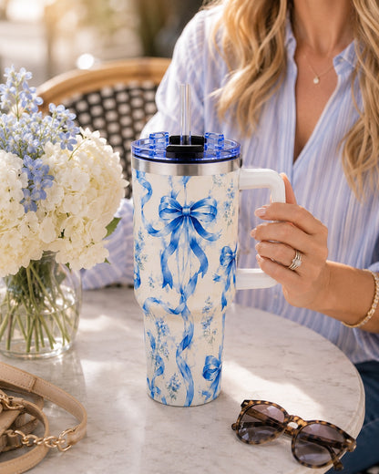 Blue Watercolor Bow Tumbler – 40 oz Insulated Travel Cup