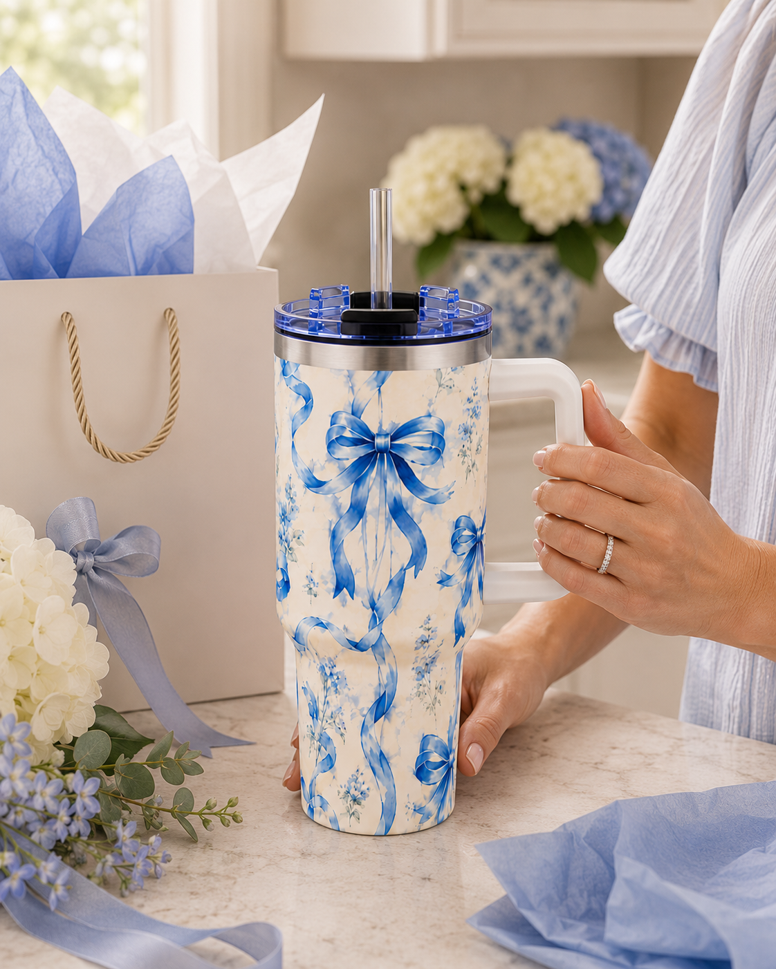 Blue Watercolor Bow Tumbler – 40 oz Insulated Travel Cup