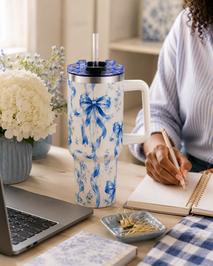 Blue Watercolor Bow Tumbler – 40 oz Insulated Travel Cup