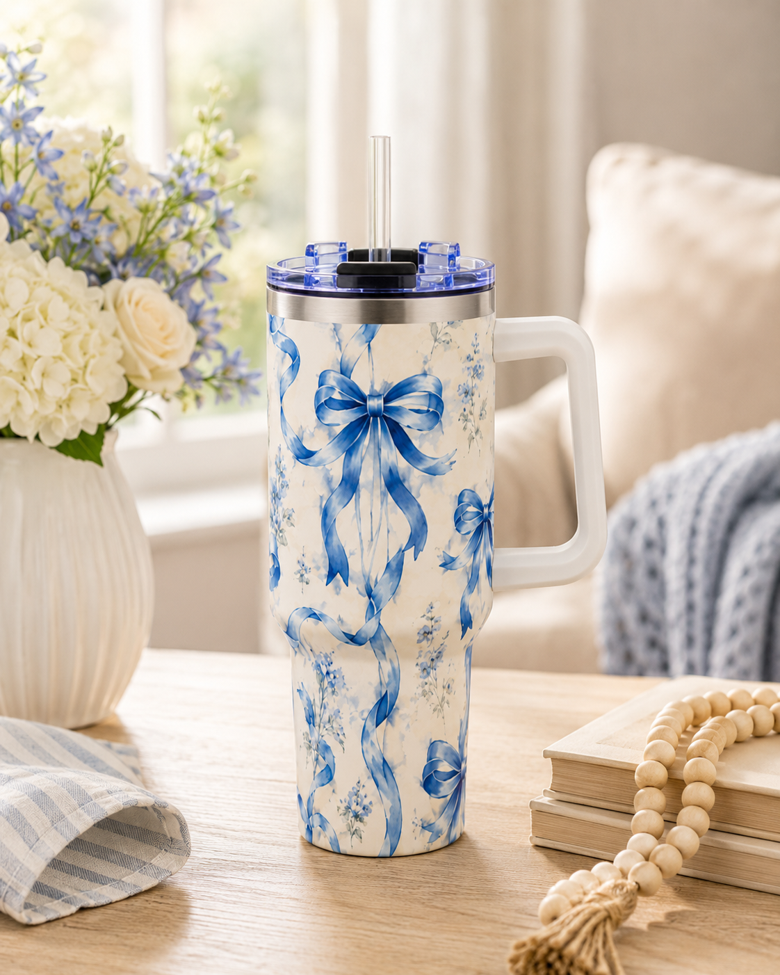 Blue Watercolor Bow Tumbler – 40 oz Insulated Travel Cup