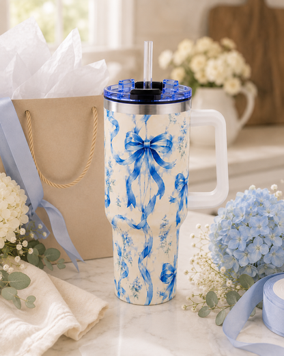 Blue Watercolor Bow Tumbler – 40 oz Insulated Travel Cup