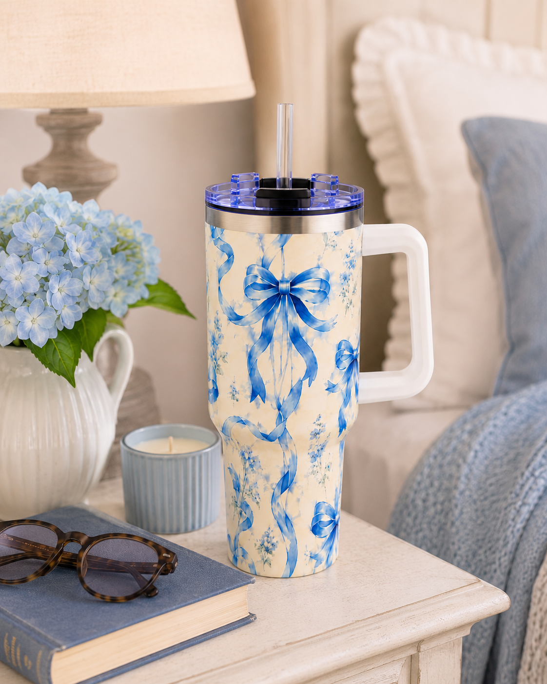 Blue Watercolor Bow Tumbler – 40 oz Insulated Travel Cup