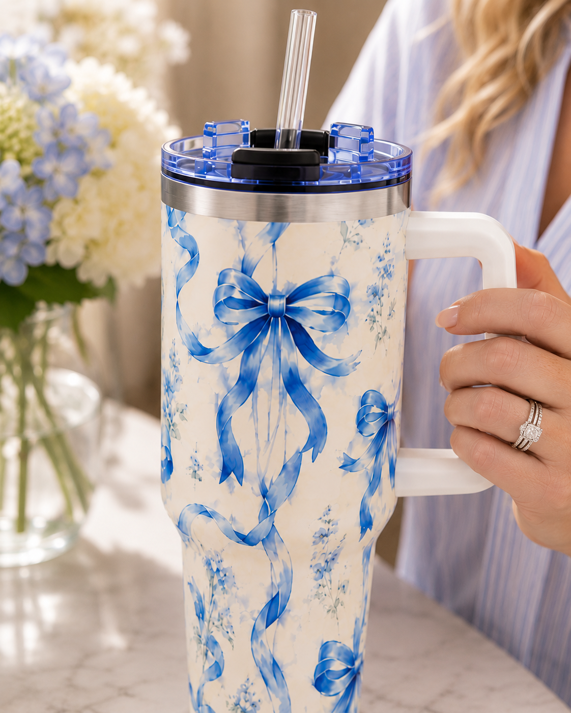 Blue Watercolor Bow Tumbler – 40 oz Insulated Travel Cup