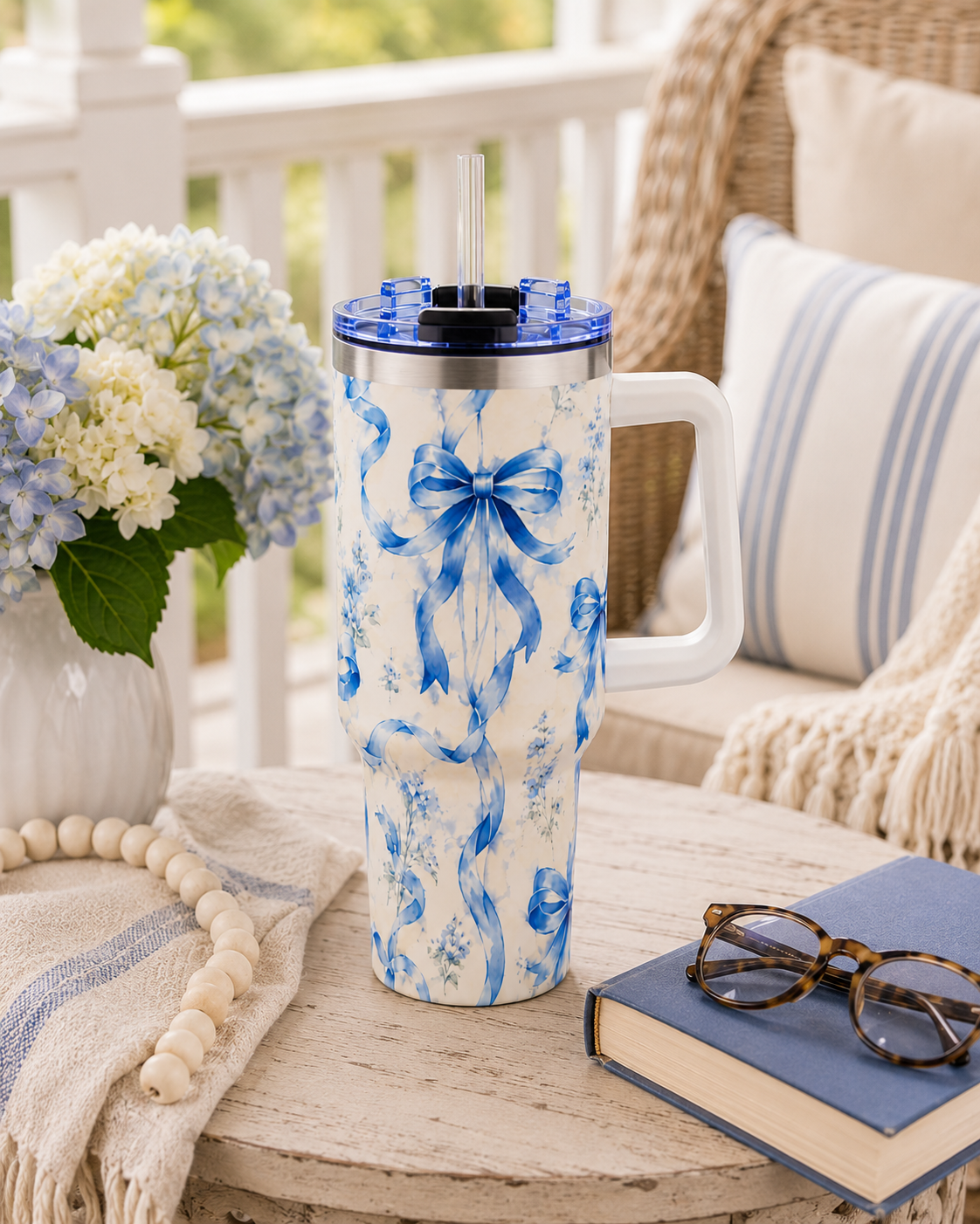 Blue Watercolor Bow Tumbler – 40 oz Insulated Travel Cup