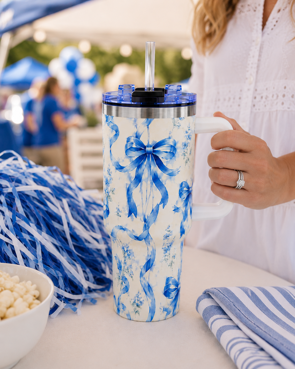Blue Watercolor Bow Tumbler – 40 oz Insulated Travel Cup