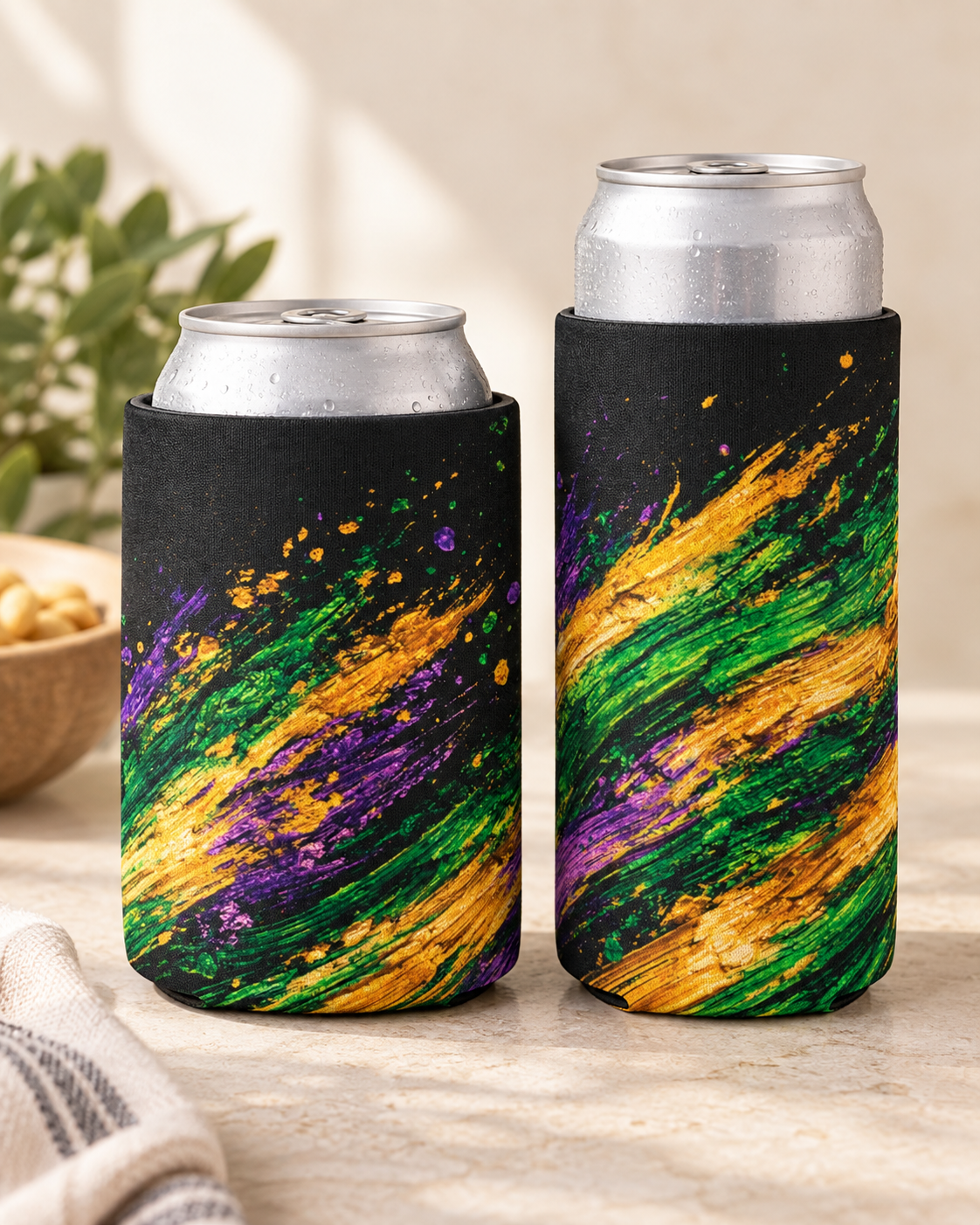 Mardi Gras Paint Splash Can Koozie - Purple Green Gold Koozie