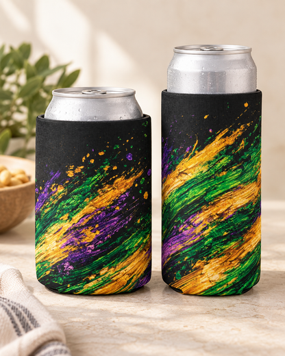 Mardi Gras Paint Splash Can Koozie - Purple Green Gold Koozie