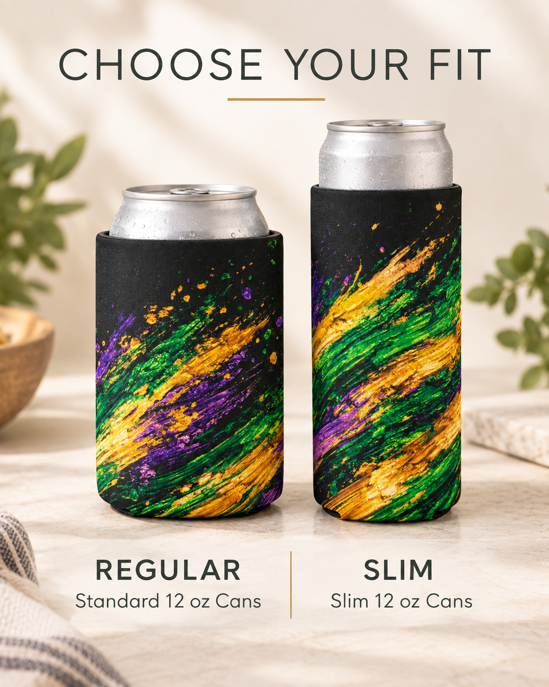 Mardi Gras Paint Splash Can Koozie - Purple Green Gold Koozie