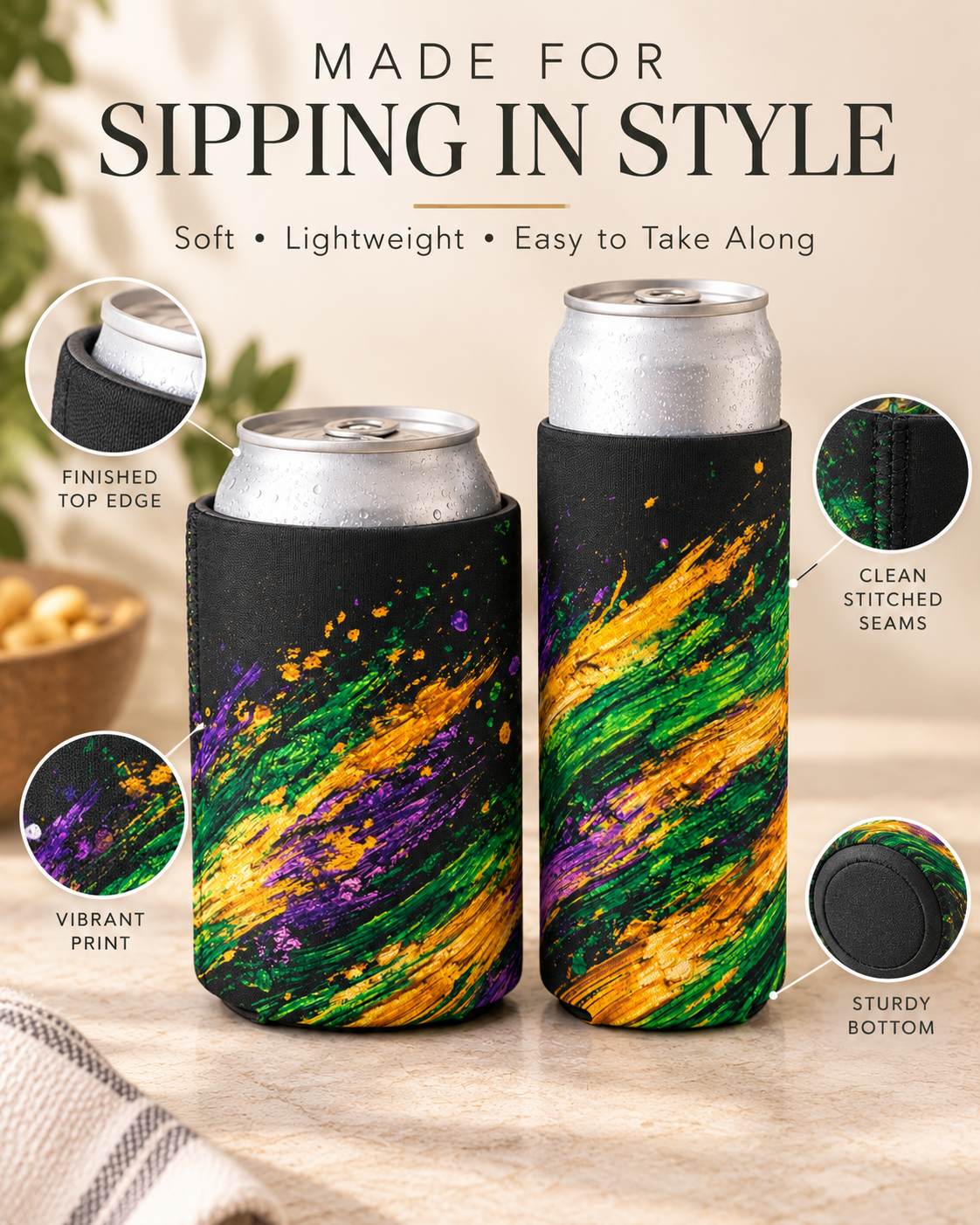 Mardi Gras Paint Splash Can Koozie - Purple Green Gold Koozie