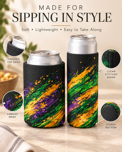 Mardi Gras Paint Splash Can Koozie - Purple Green Gold Koozie