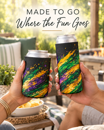 Mardi Gras Paint Splash Can Koozie - Purple Green Gold Koozie