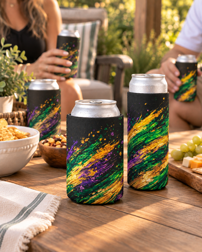 Mardi Gras Paint Splash Can Koozie - Purple Green Gold Koozie