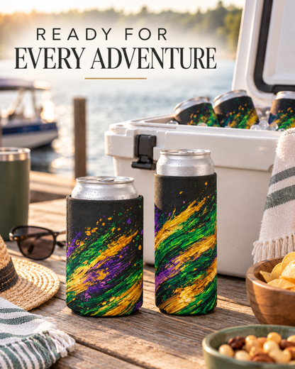 Mardi Gras Paint Splash Can Koozie - Purple Green Gold Koozie