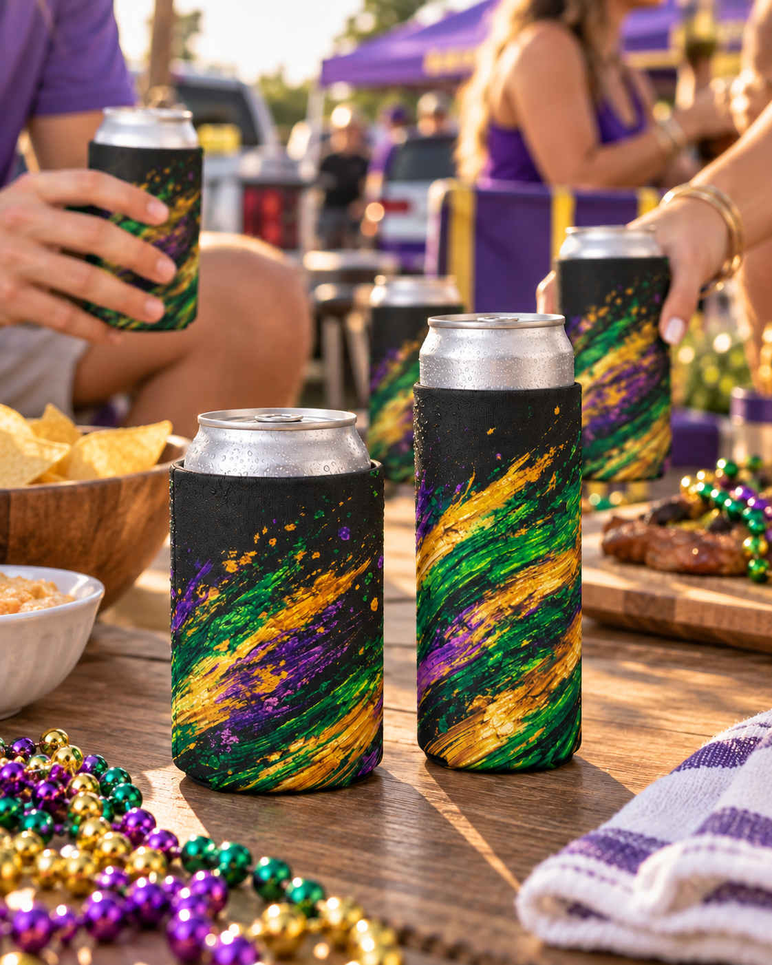 Mardi Gras Paint Splash Can Koozie - Purple Green Gold Koozie