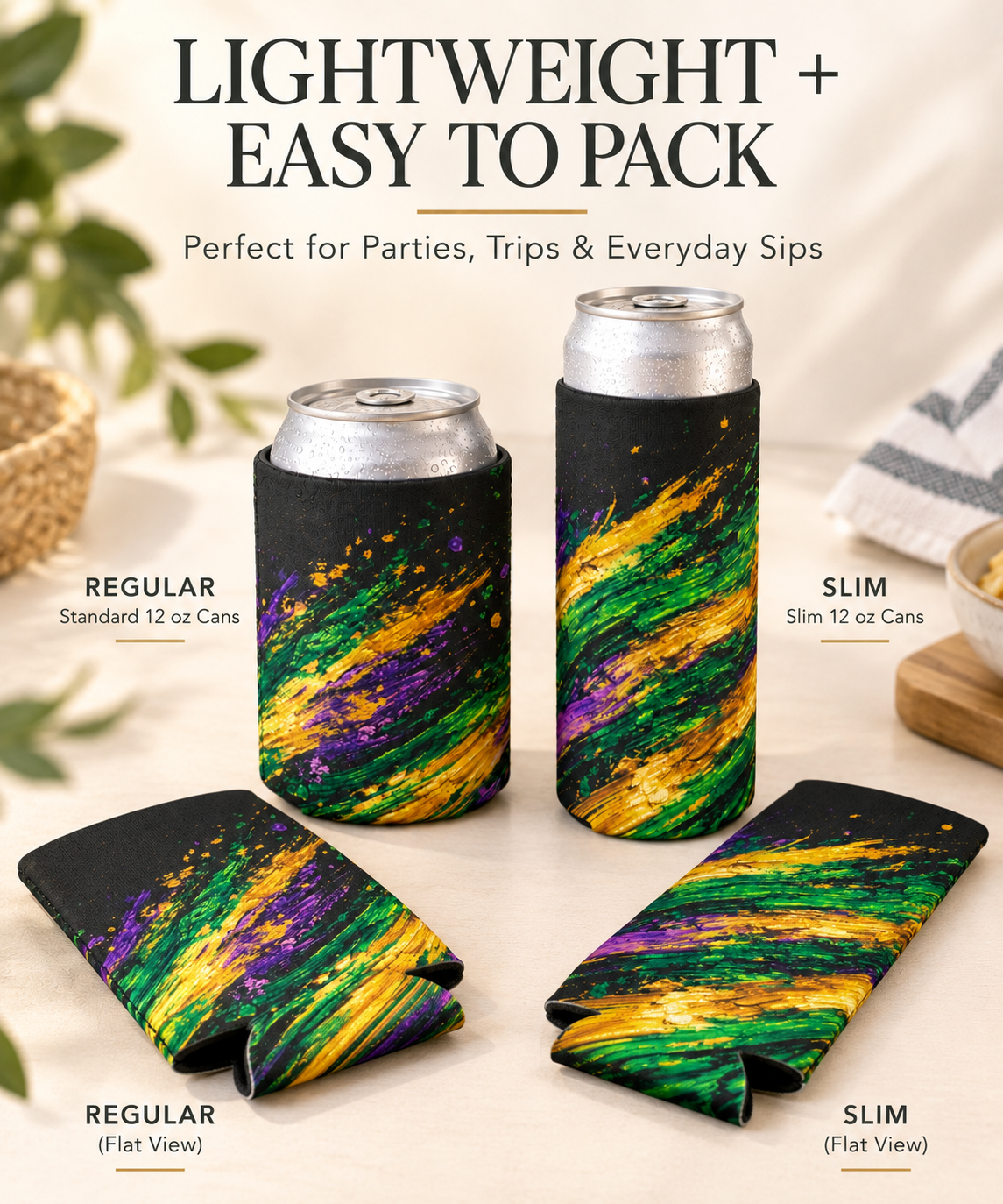 Mardi Gras Paint Splash Can Koozie - Purple Green Gold Koozie