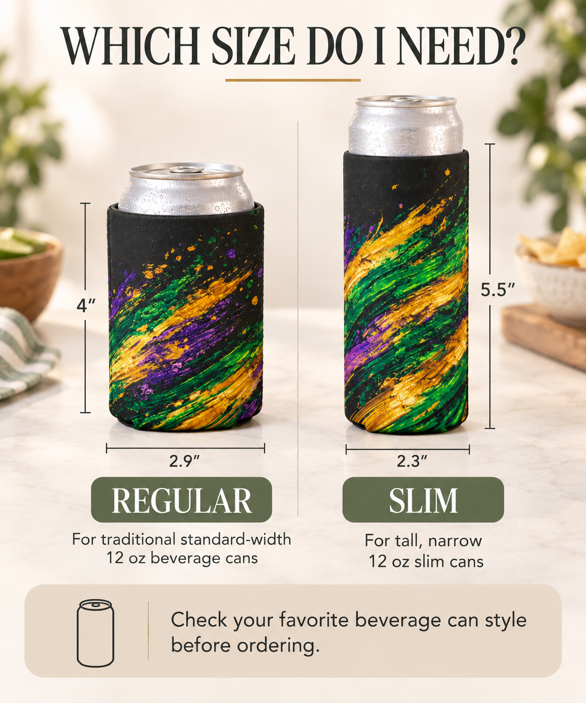 Mardi Gras Paint Splash Can Koozie - Purple Green Gold Koozie
