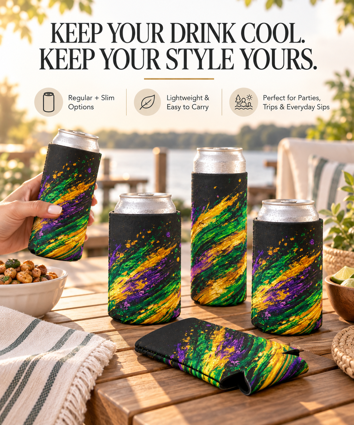 Mardi Gras Paint Splash Can Koozie - Purple Green Gold Koozie