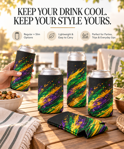 Mardi Gras Paint Splash Can Koozie - Purple Green Gold Koozie
