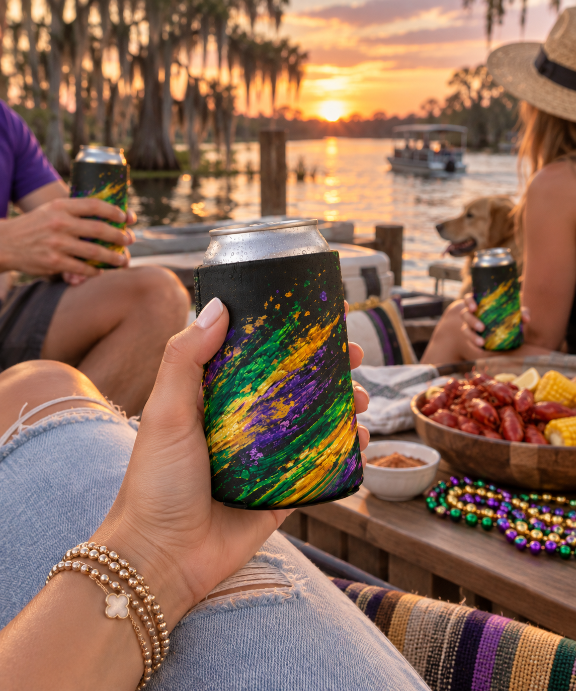 Mardi Gras Paint Splash Can Koozie - Purple Green Gold Koozie
