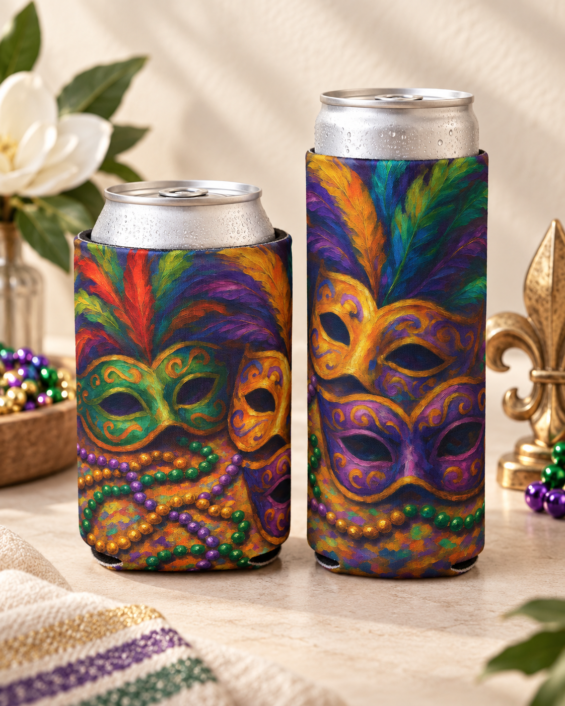 Mardi Gras Can Cooler, Colorful Mask Beverage Holder, Party Accessory, Festival Drink Sleeve, Fun Gift for Celebrations