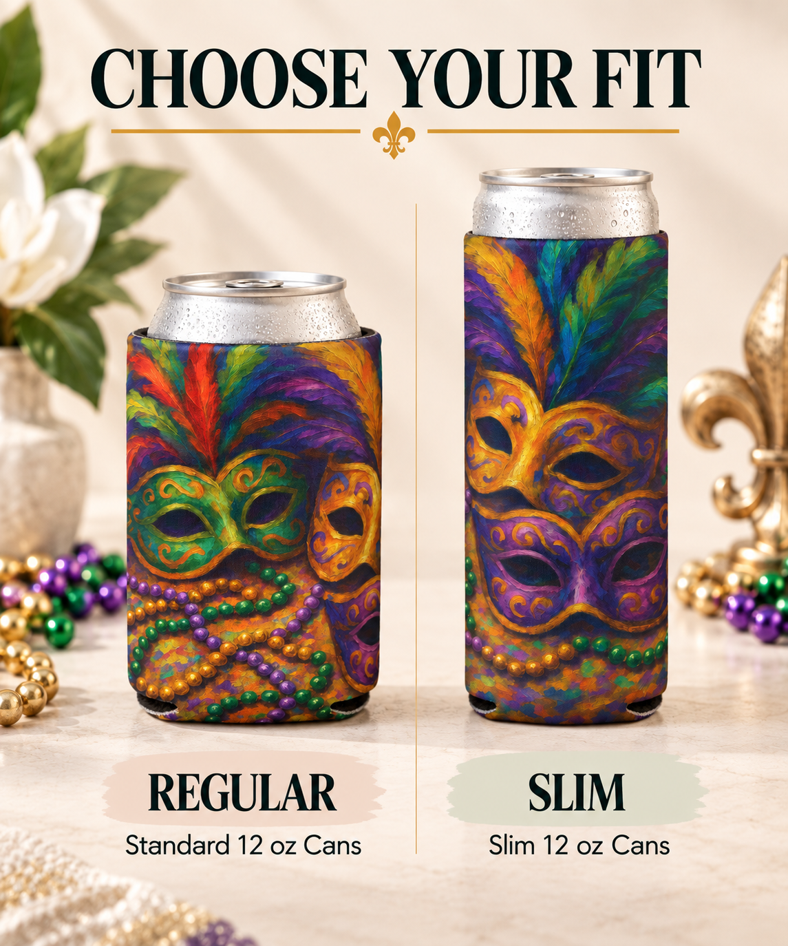 Mardi Gras Can Cooler, Colorful Mask Beverage Holder, Party Accessory, Festival Drink Sleeve, Fun Gift for Celebrations