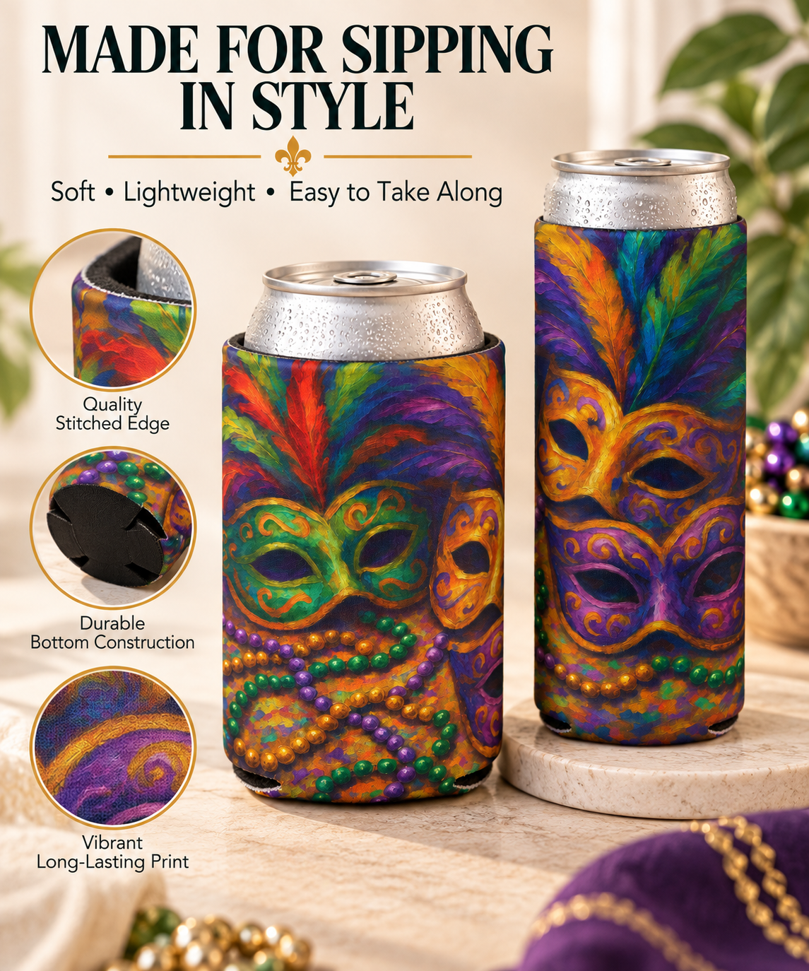 Mardi Gras Can Cooler, Colorful Mask Beverage Holder, Party Accessory, Festival Drink Sleeve, Fun Gift for Celebrations
