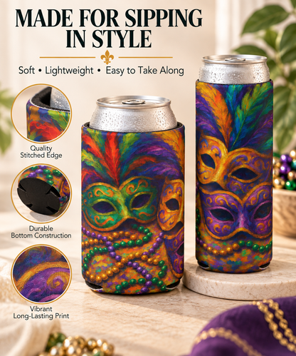 Mardi Gras Can Cooler, Colorful Mask Beverage Holder, Party Accessory, Festival Drink Sleeve, Fun Gift for Celebrations