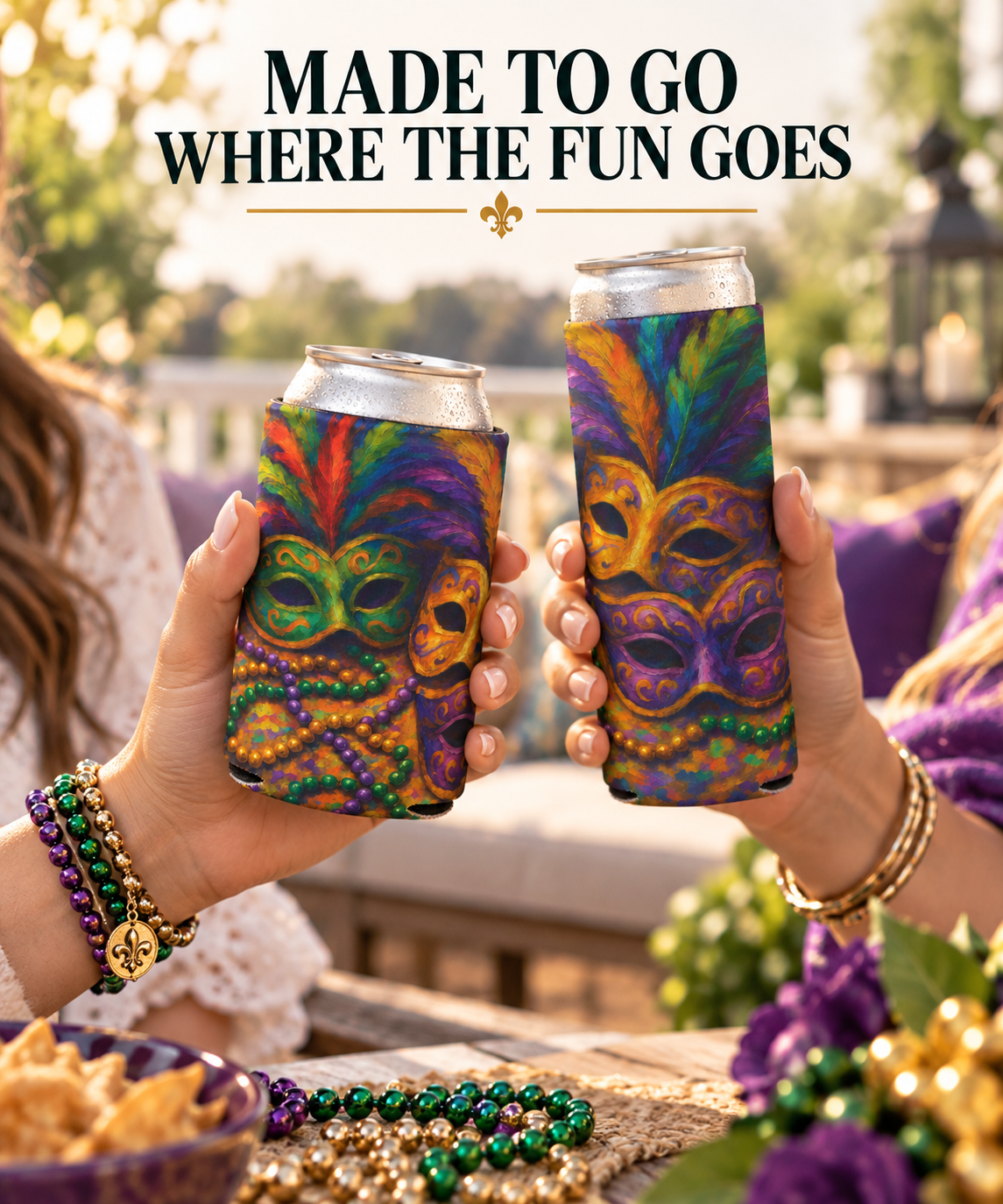 Mardi Gras Can Cooler, Colorful Mask Beverage Holder, Party Accessory, Festival Drink Sleeve, Fun Gift for Celebrations