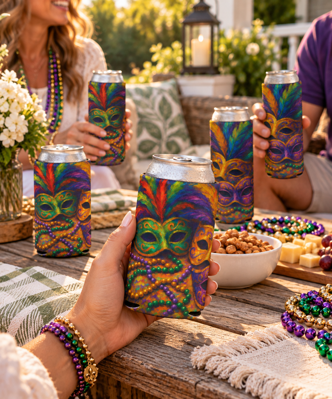 Mardi Gras Can Cooler, Colorful Mask Beverage Holder, Party Accessory, Festival Drink Sleeve, Fun Gift for Celebrations