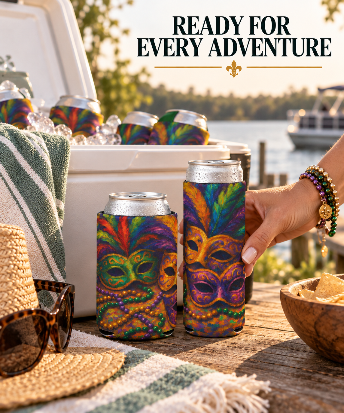 Mardi Gras Can Cooler, Colorful Mask Beverage Holder, Party Accessory, Festival Drink Sleeve, Fun Gift for Celebrations