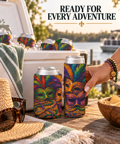Mardi Gras Can Cooler, Colorful Mask Beverage Holder, Party Accessory, Festival Drink Sleeve, Fun Gift for Celebrations